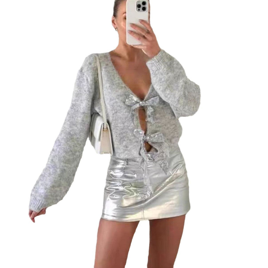 Women's Elegant Cardigan with Glittering Band Detail
