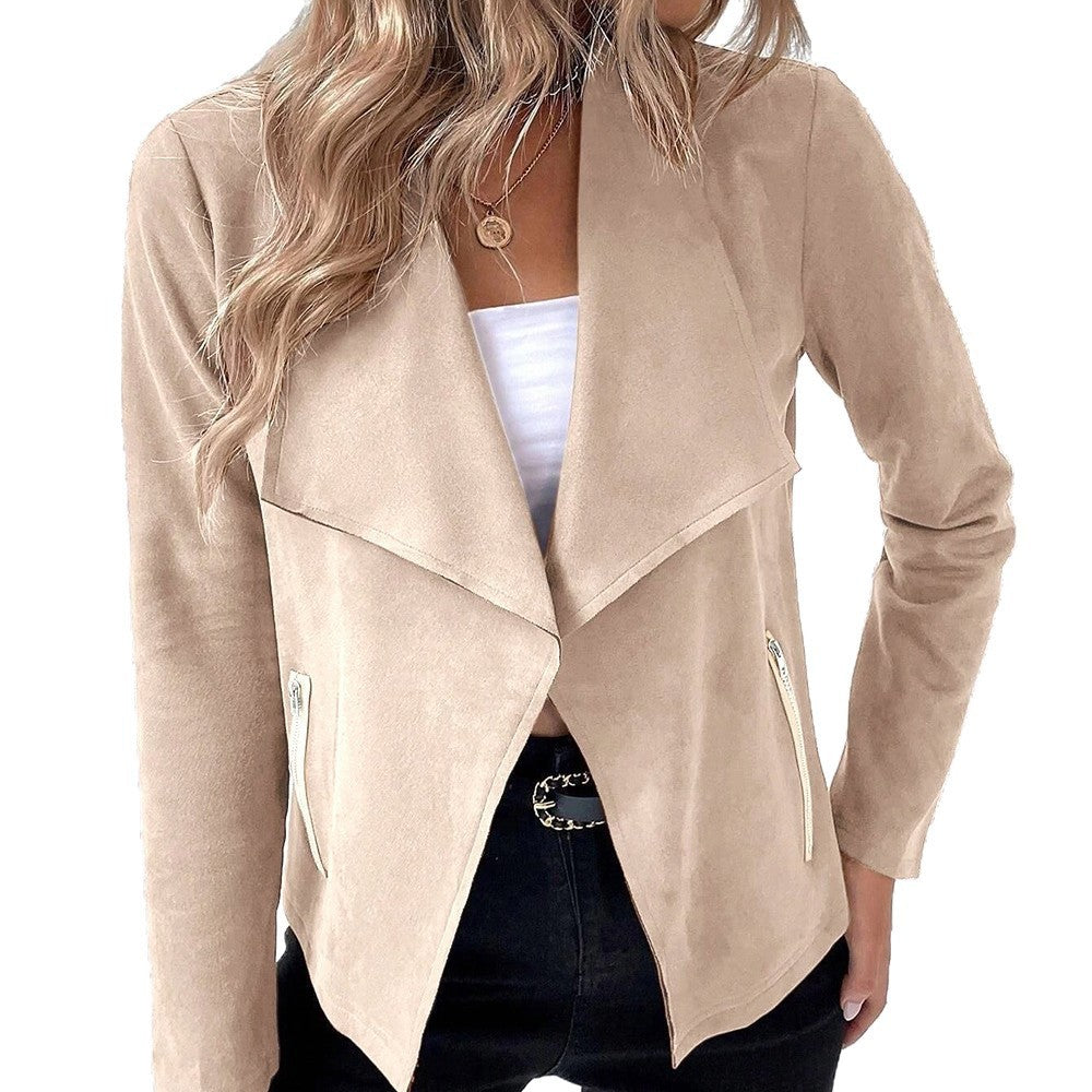 Women's Elegant Velour Jacket with Asymmetric Lapel and Zipper Pockets