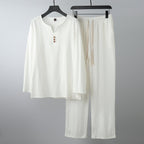 Women's Comfortable Cotton Loungewear Set with Henley Neckline and Drawstring Pants