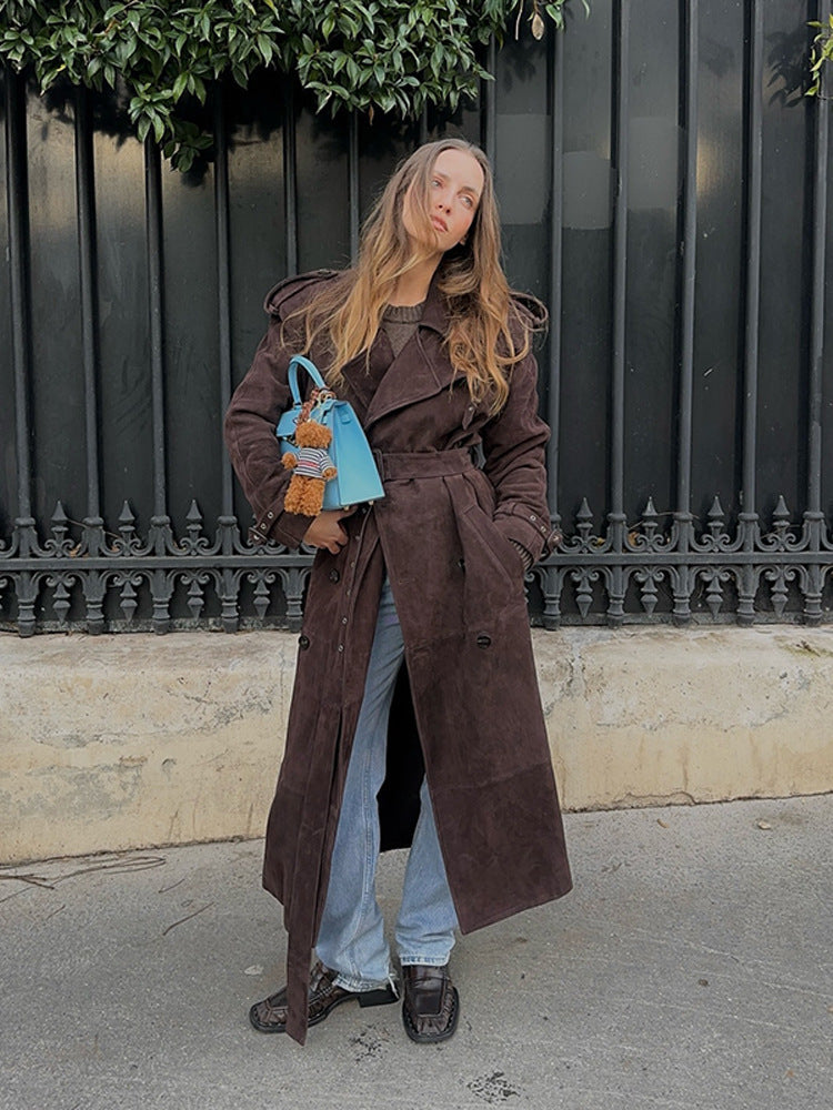 Women's Suede Trench Coat with Wide Collar