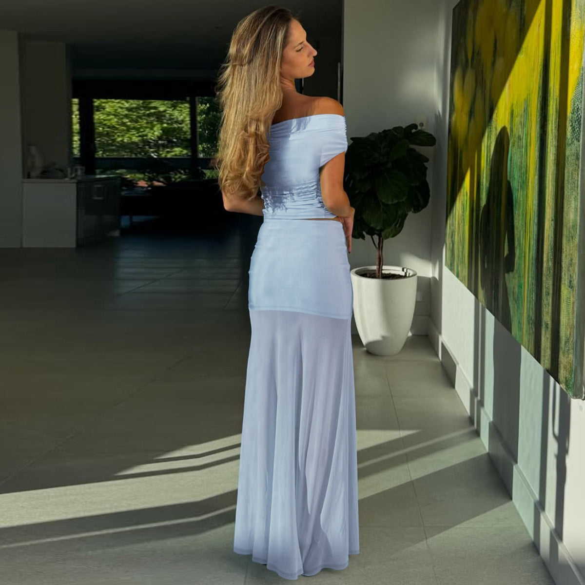 Elegant Off-Shoulder Maxi Set with Sheer Skirt and Gathered Top