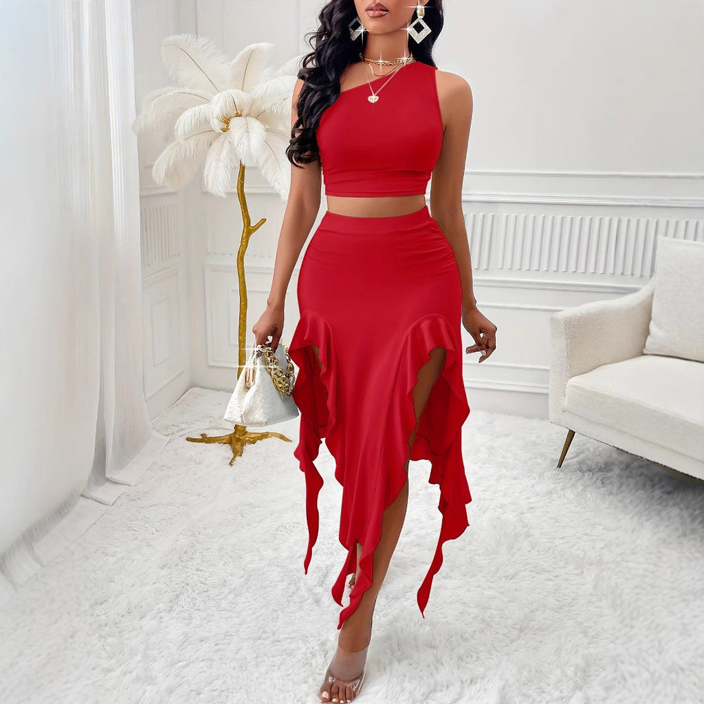 Women's Midi Skirt with High Slit and Asymmetrical Hem