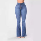 Women's High-Waisted Flared Jeans with Decorative Button Placket