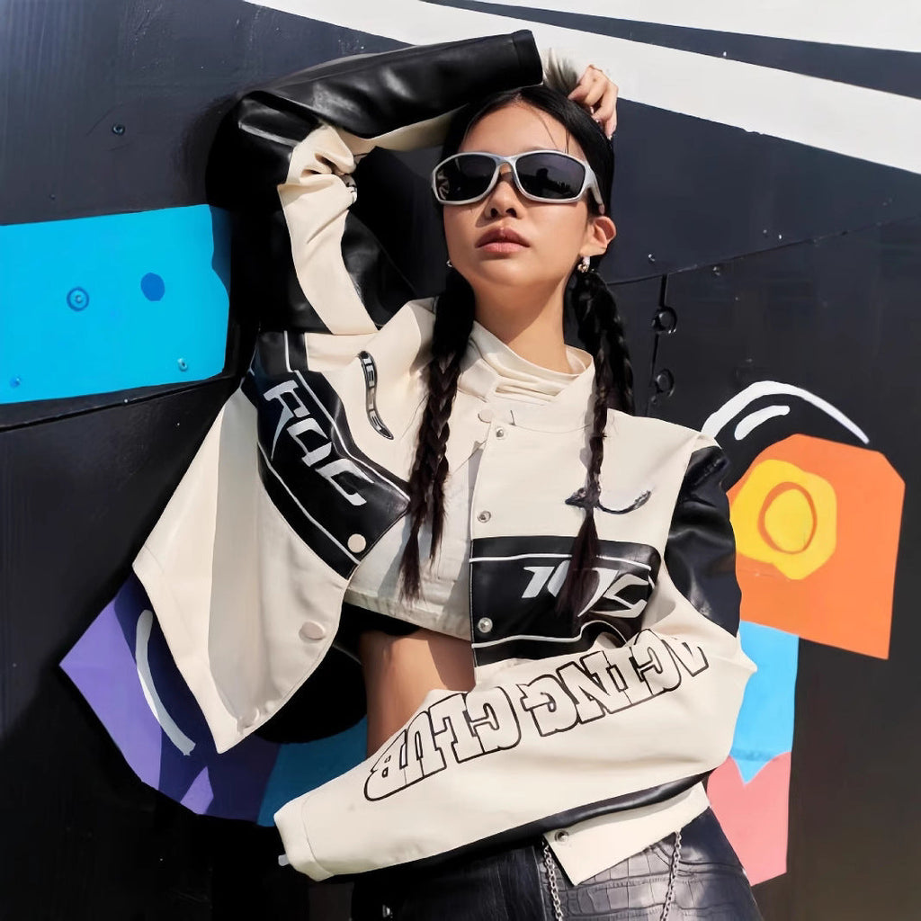 Women's Cropped Biker Jacket with Unique Graphic Details