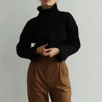 Women's High-Neck Cropped Sweater with Asymmetrical Cut