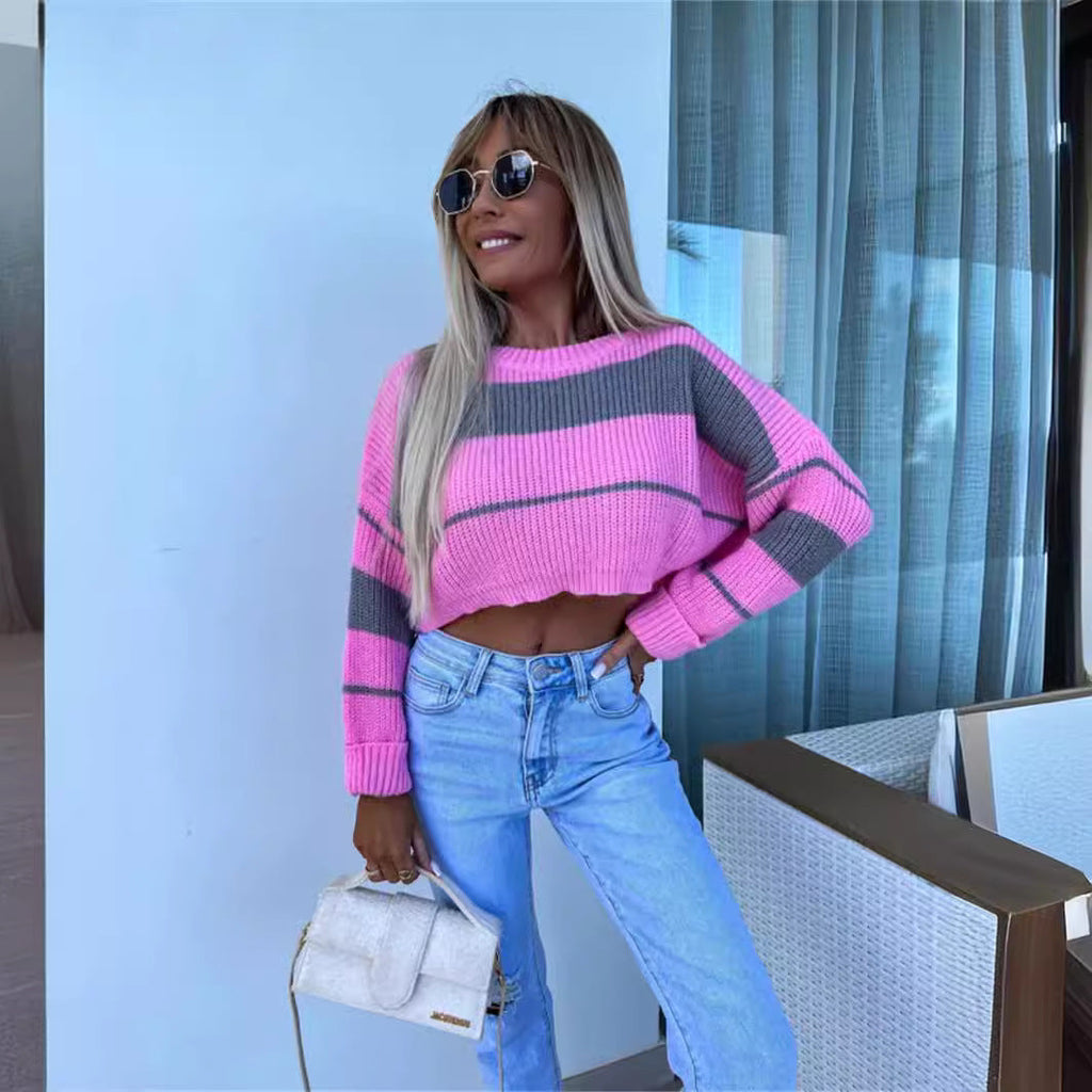 Women's Cropped Knit Sweater with Fashionable Block Stripes