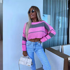 Women's Cropped Knit Sweater with Fashionable Block Stripes