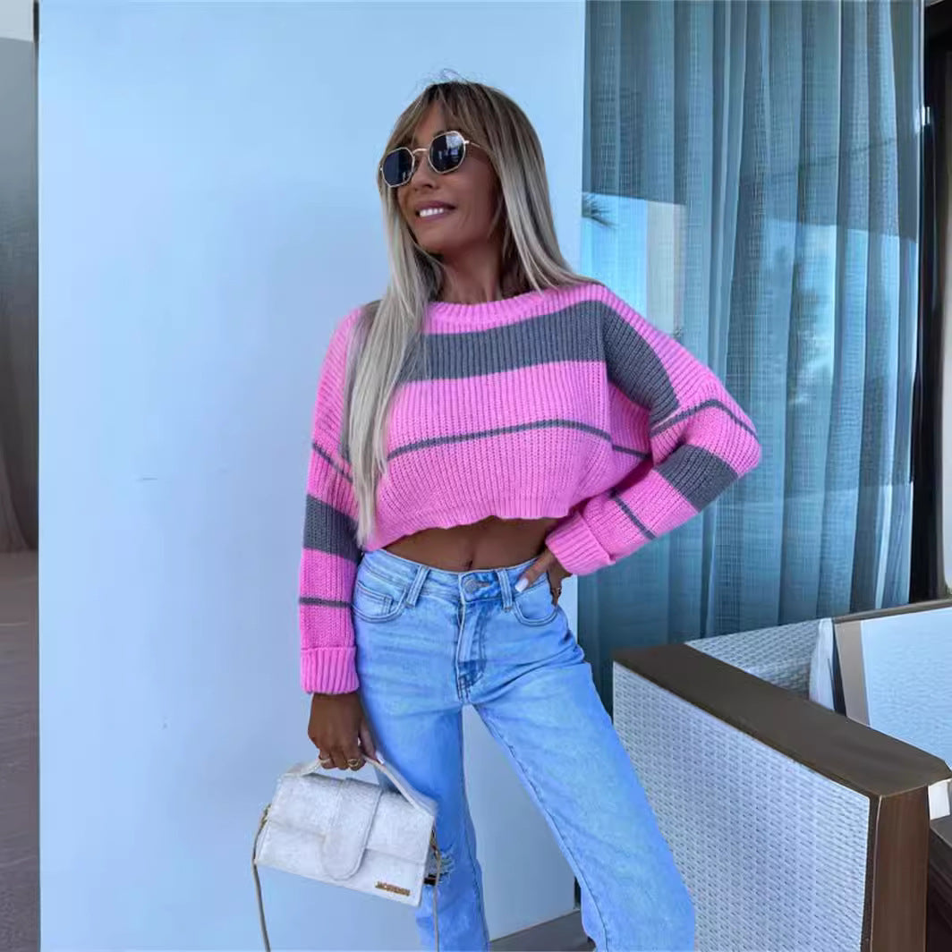 Women's Cropped Knit Sweater with Fashionable Block Stripes