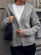 Women's Chunky Knit Cardigan with Hood and Cable Knit Pattern