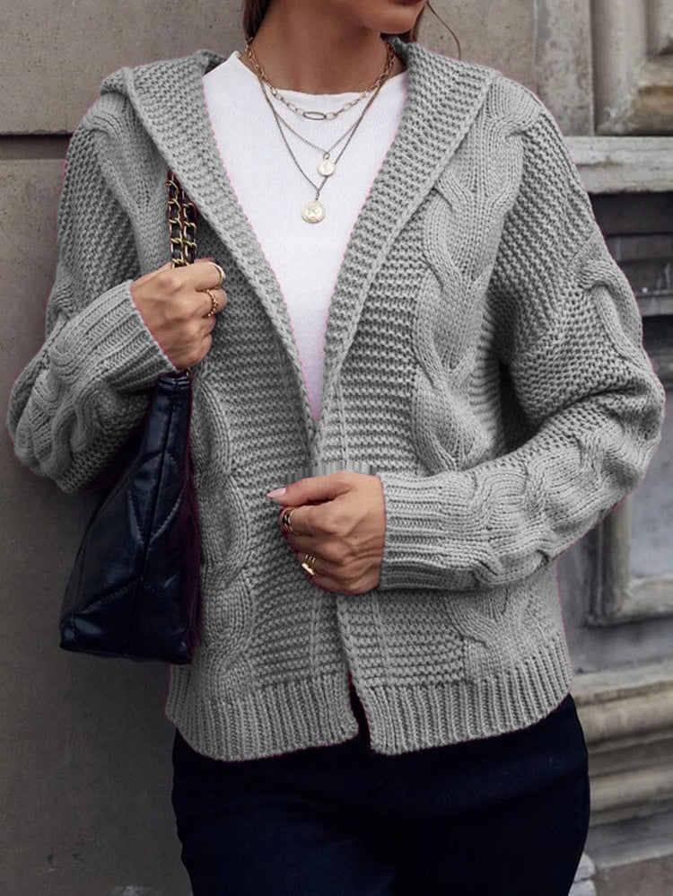 Women's Chunky Knit Cardigan with Hood and Cable Knit Pattern