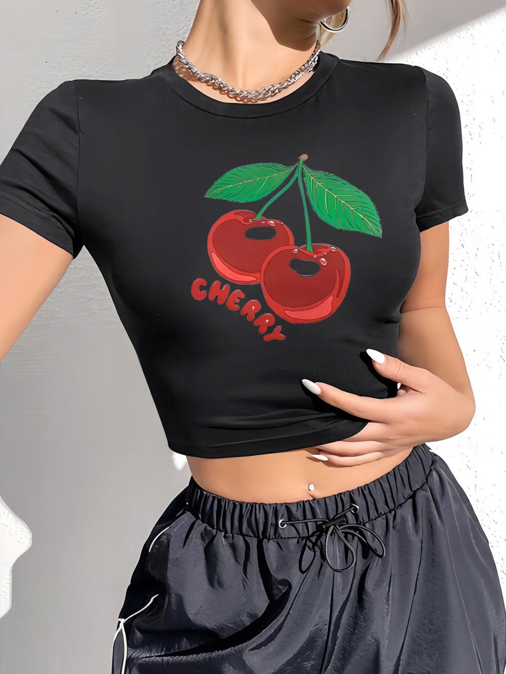 Women's Cropped T-Shirt with Cherry Print