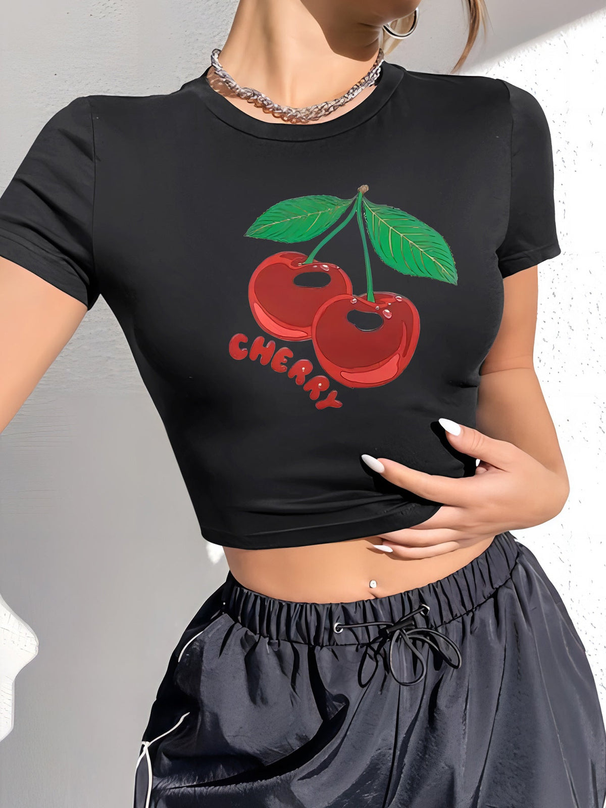 Women's Cropped T-Shirt with Cherry Print