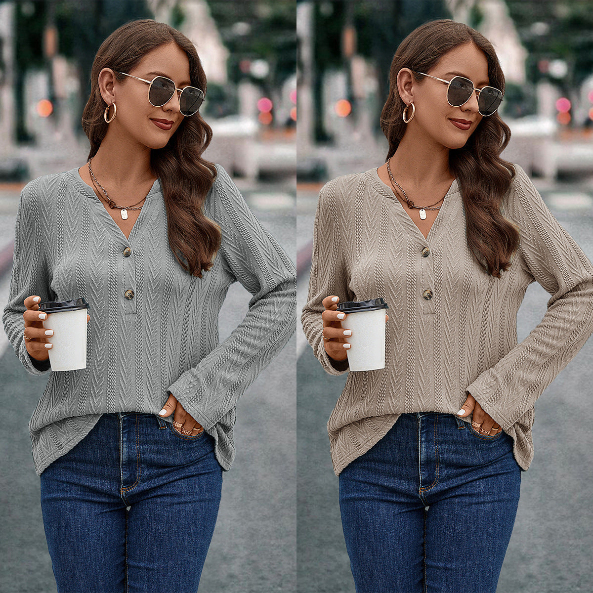 Women's Long-Sleeve Blouse with Textured Pattern