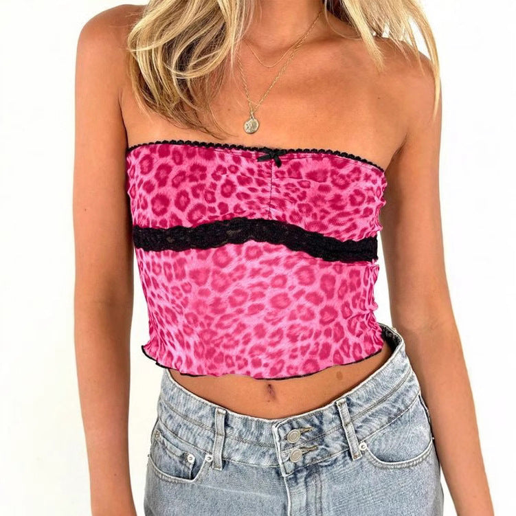 Women's Bandeau Top with Leopard Print and Lace Trim