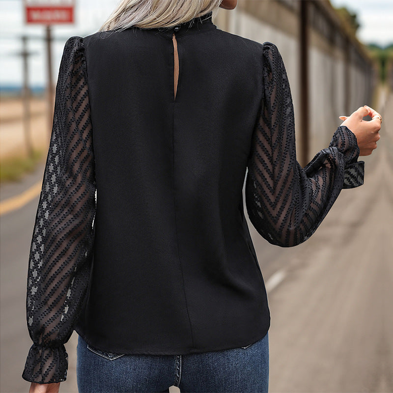 Women's Blouse with Elegant Sheer Sleeves and Button Details