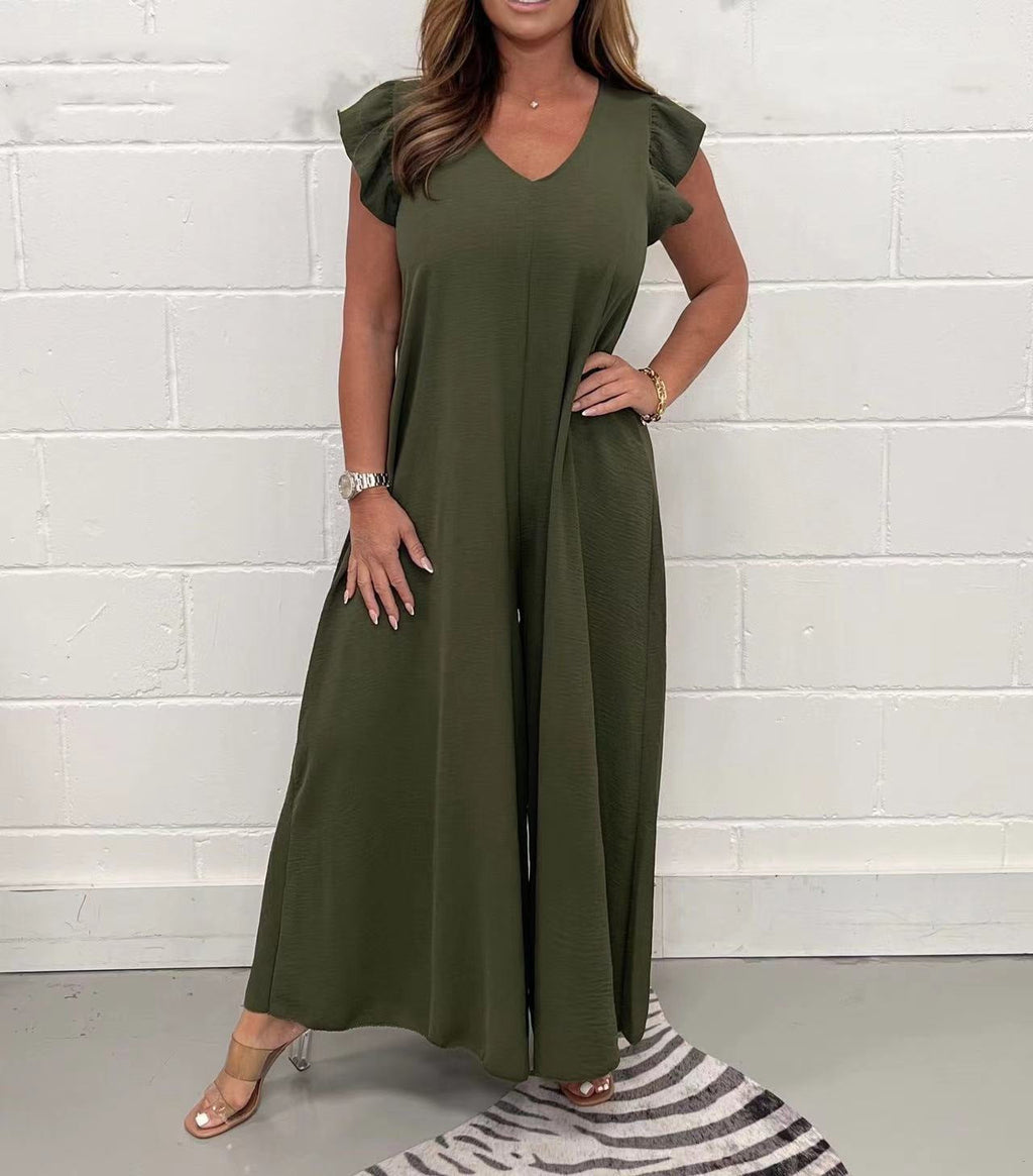 Women's Casual Jumpsuit with Flowing Cut and V-Neck