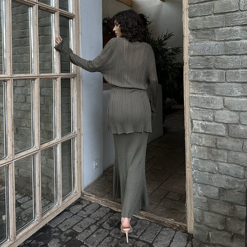 Women's Elegant Knit Ensemble with Crop Top and Maxi Skirt