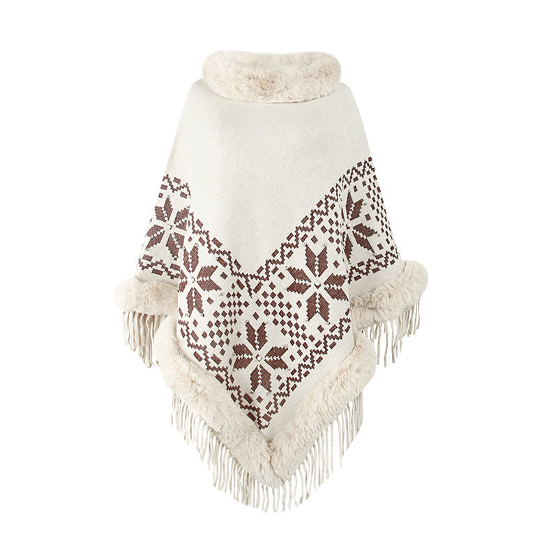 Women's Elegant Poncho with Decorative Fringe Design and Faux Fur Trim