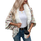 Women's Elegant Poncho with Luxurious Faux Fur Collar and Fringe