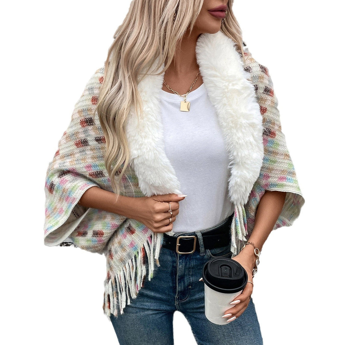 Women's Elegant Poncho with Luxurious Faux Fur Collar and Fringe