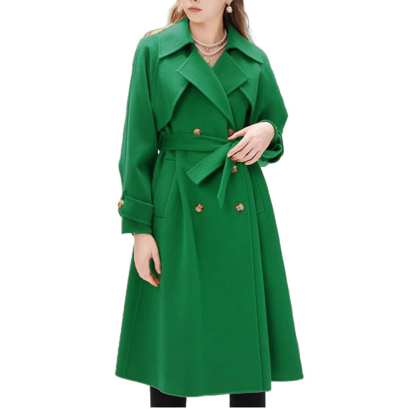 Women's Lined Trench Coat with Large Lapel and Waist Belt