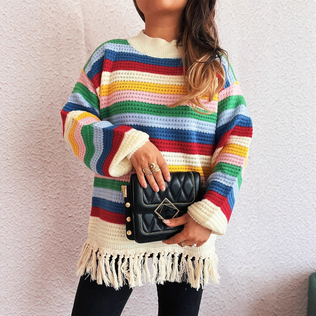 Women's Adorable Sweater with Fringe and Colorful Stripe Pattern