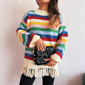 Women's Adorable Sweater with Fringe and Colorful Stripe Pattern