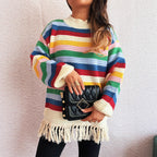 Women's Adorable Sweater with Fringe and Colorful Stripe Pattern