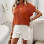 Knit Top with Chest Pocket and Slim Shorts