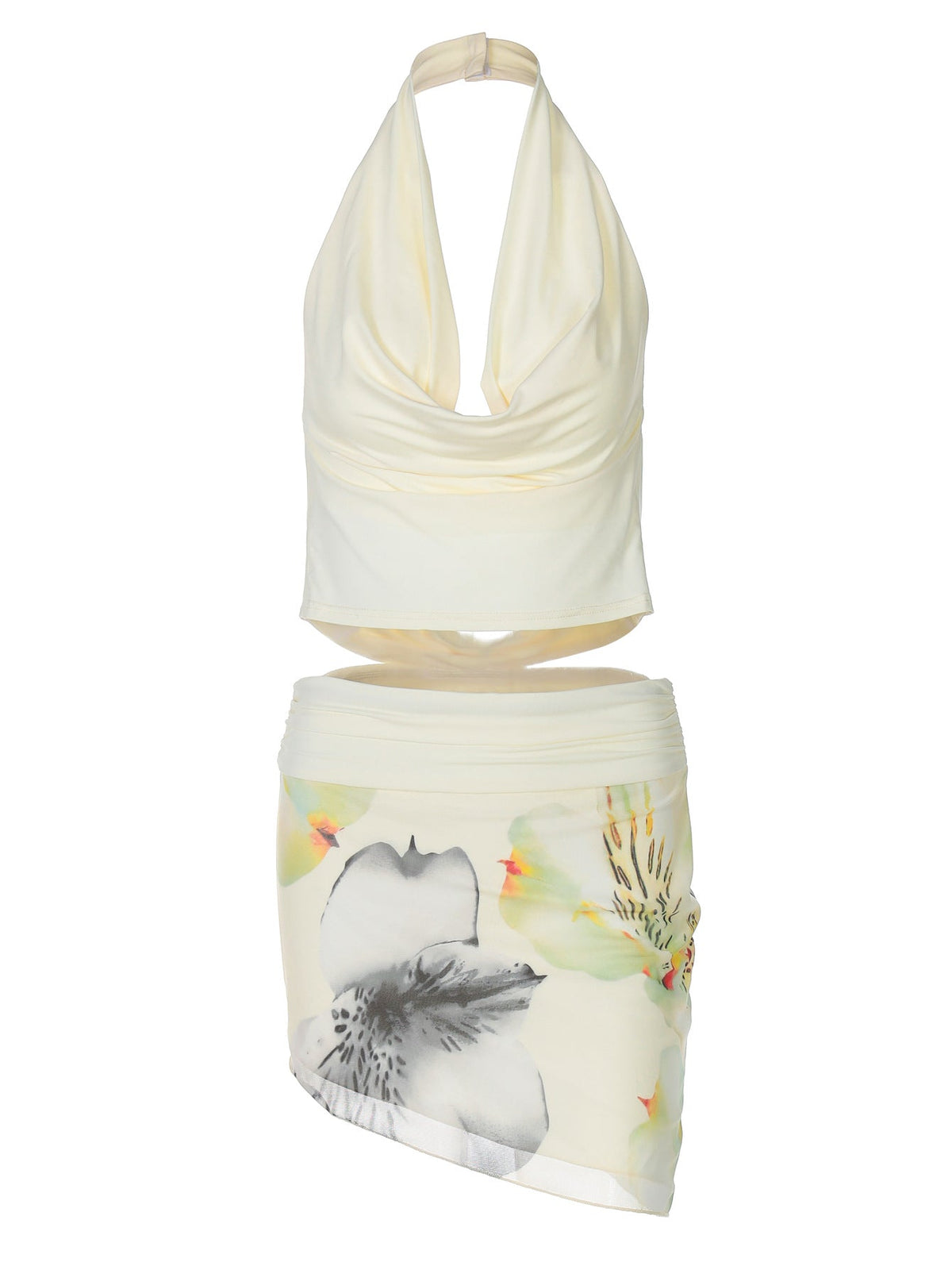 Women's Floral Dress with Elegant Top and Asymmetrical Skirt