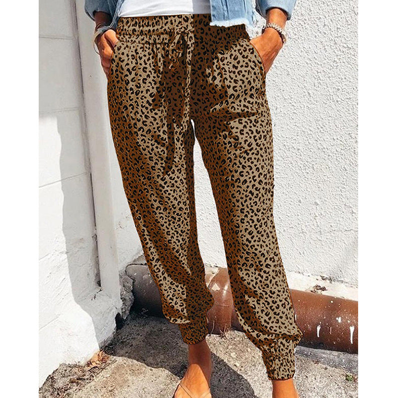 Women's Elegant Casual Trousers with Elastic Waist and Animal Print