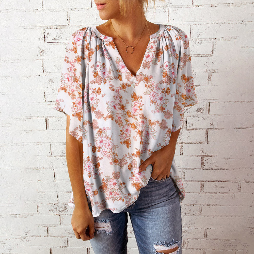 Women's Airy V-Neck Blouse with Floral Pattern