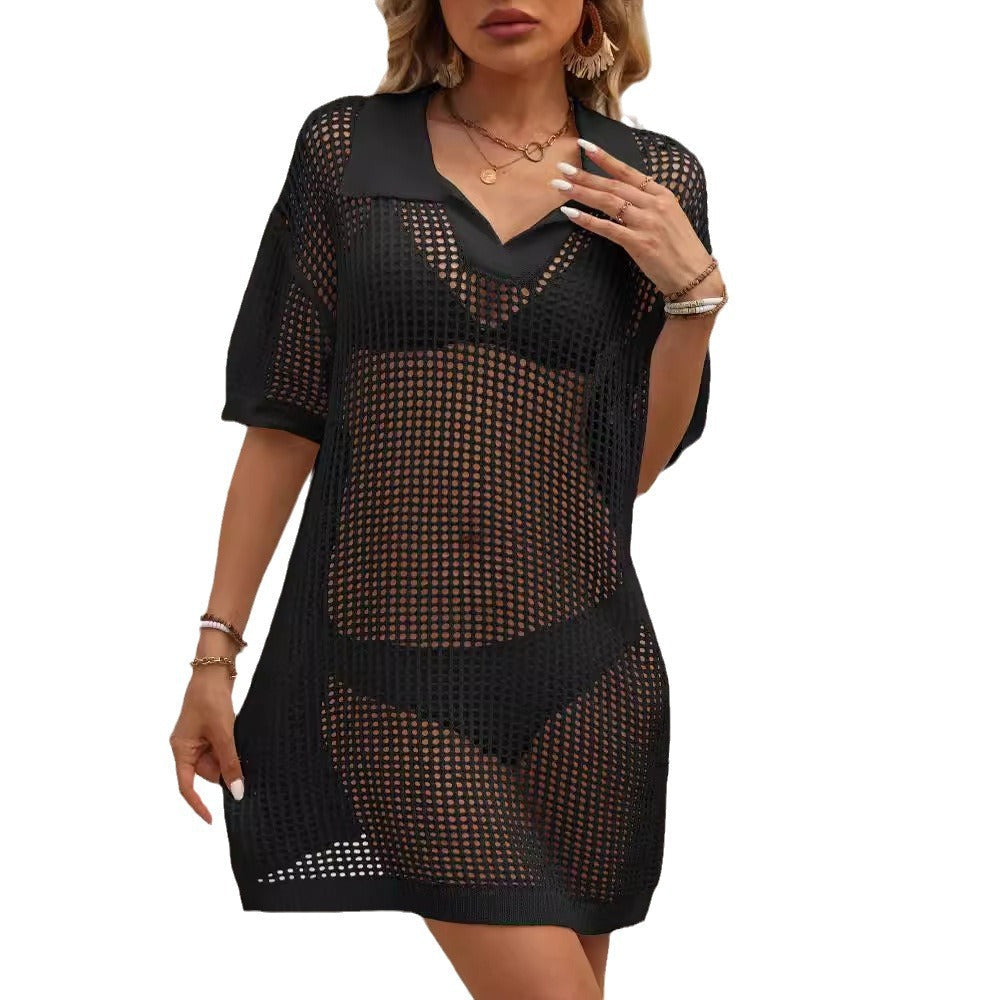 Women's Airy Mesh Beach Cover-Up with Polo Collar