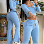 Women's Cropped Top and Flared Pants Set with Button Details