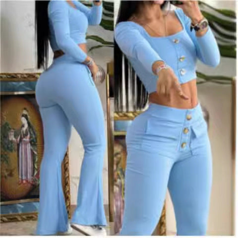 Women's Cropped Top and Flared Pants Set with Button Details