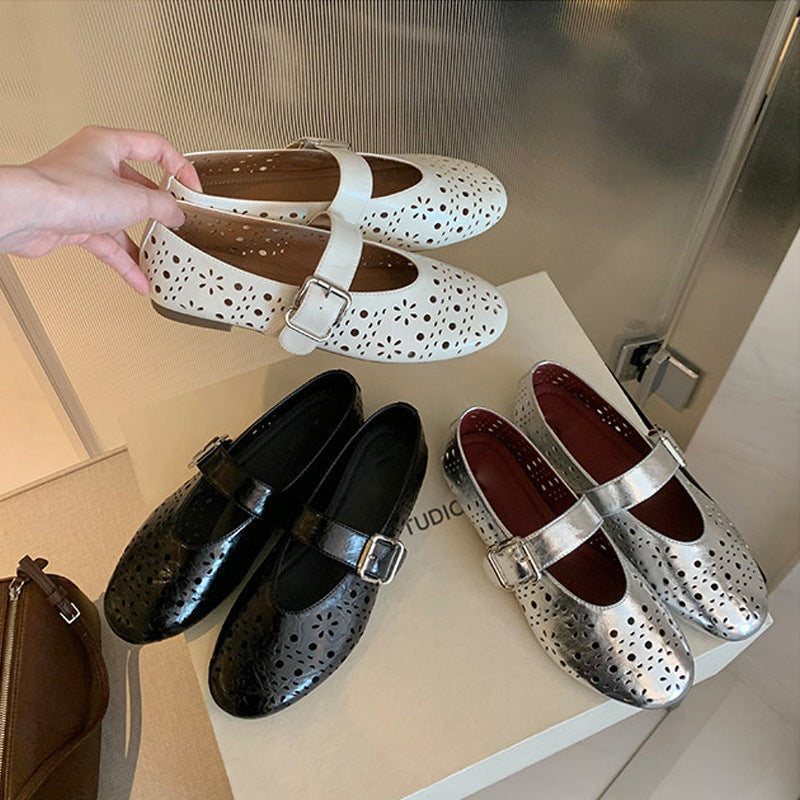 Women's Ballet Flats with Floral Cut-Outs and Adjustable Strap