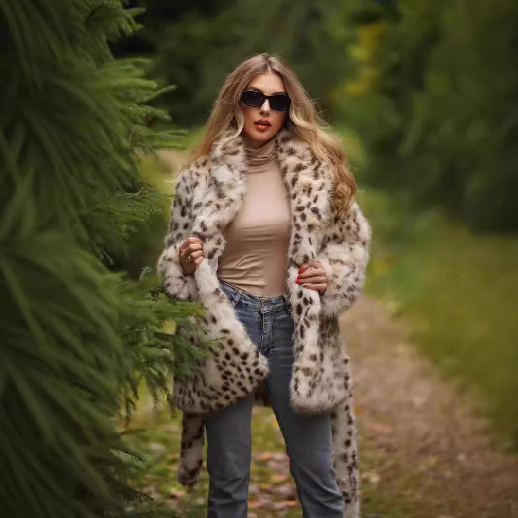 Women's Elegant Faux Fur Coat with Belt and Leopard Print