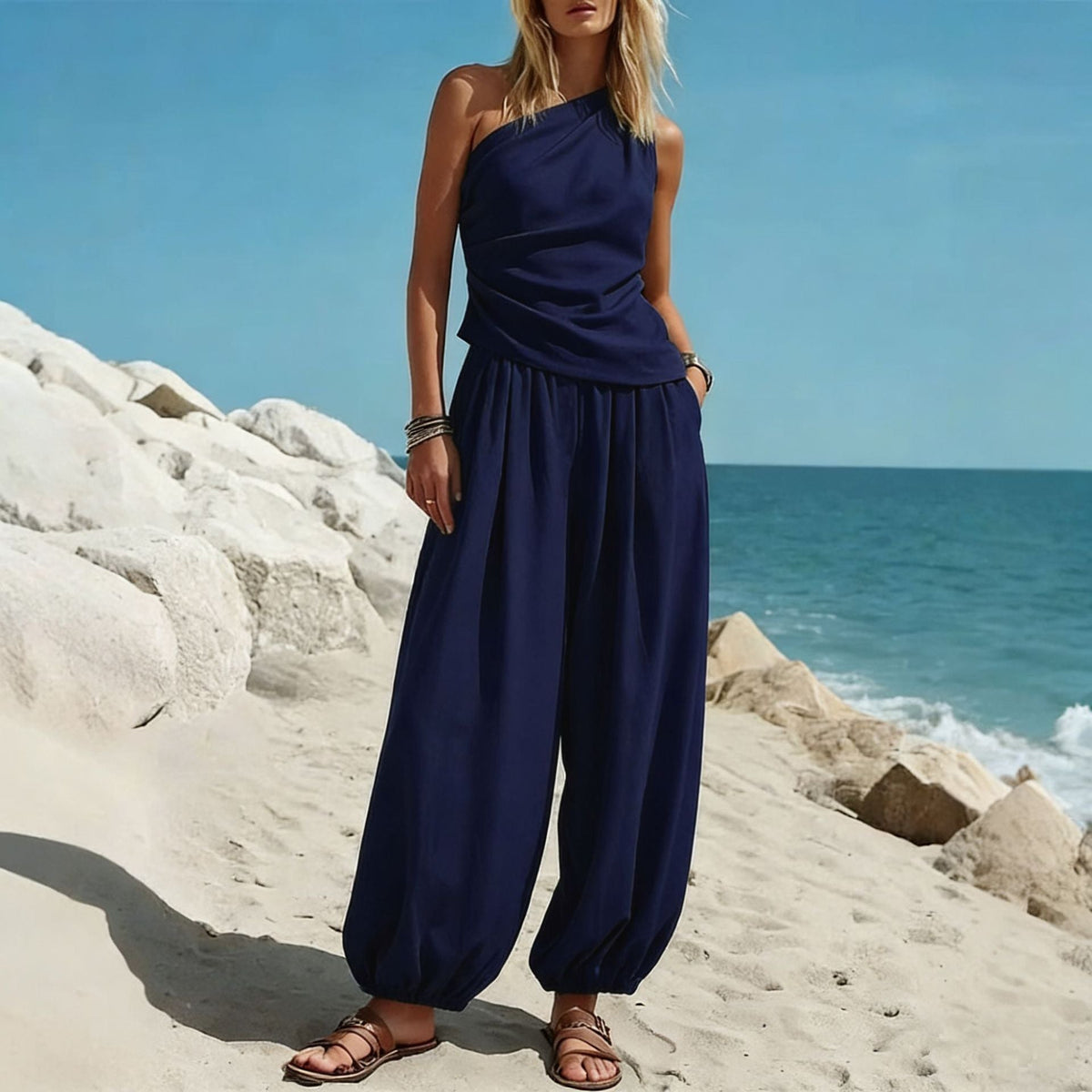 Women's Elegant One-Shoulder Jumpsuit with Flowing Cut