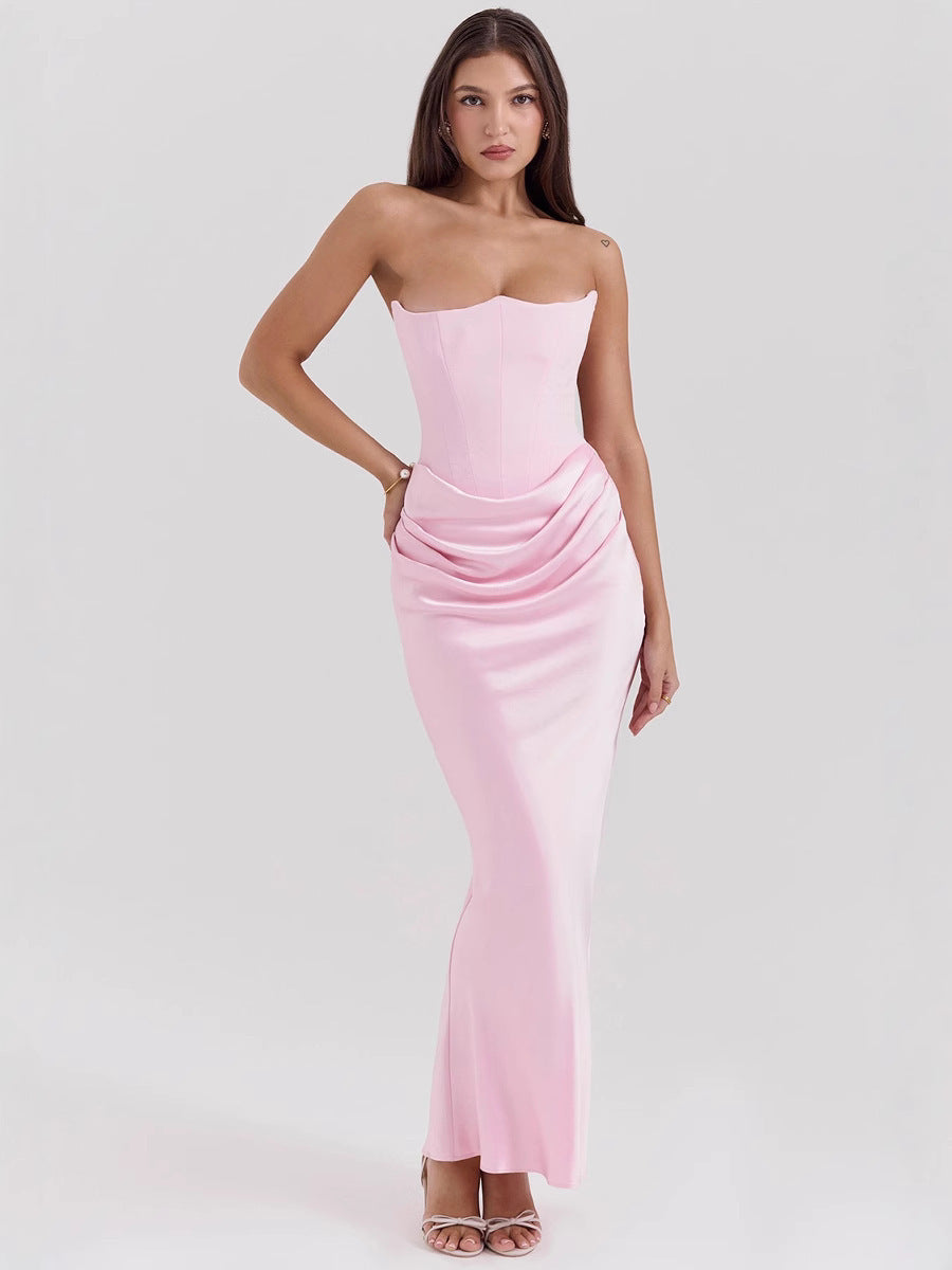 Elegant Floor-Length Dress with Shimmering Waist and Ruffled Skirt