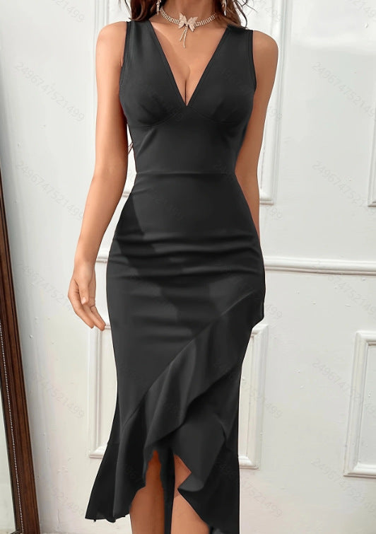 Women's Charming Maxi Dress with Asymmetrical Hem and V-Neck