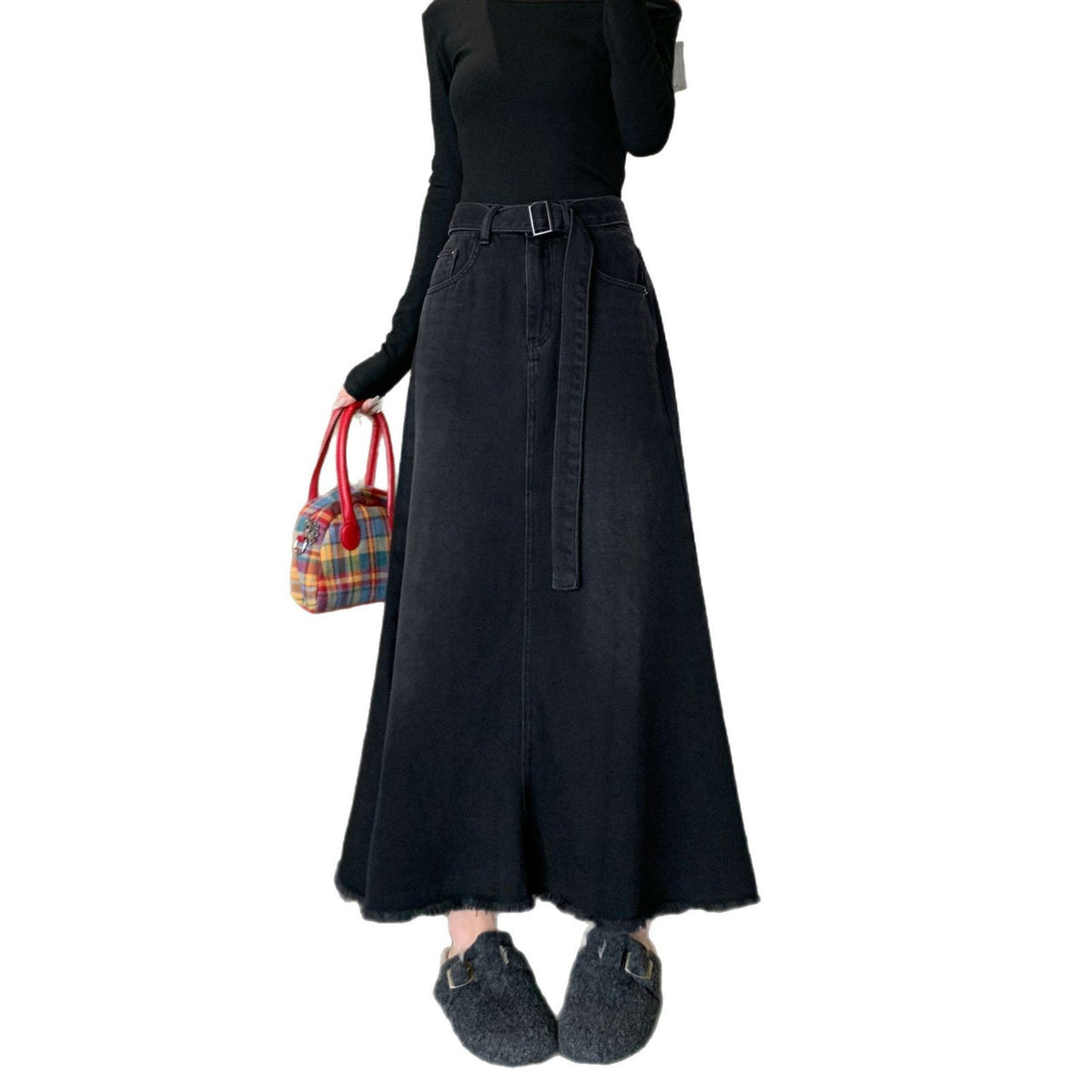 Women's Maxi Skirt with Casual Belt and Frayed Hem