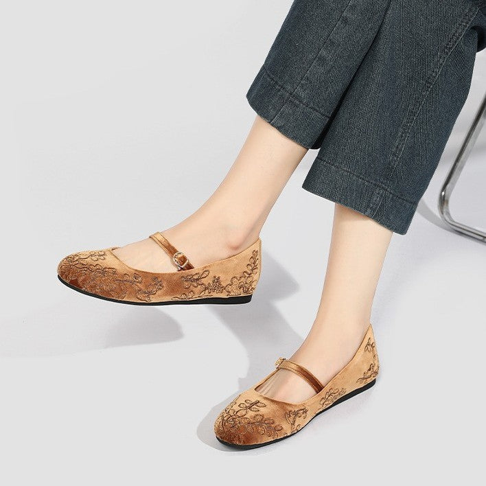 Women's Ballerina Flats with Floral Pattern and Strap Design