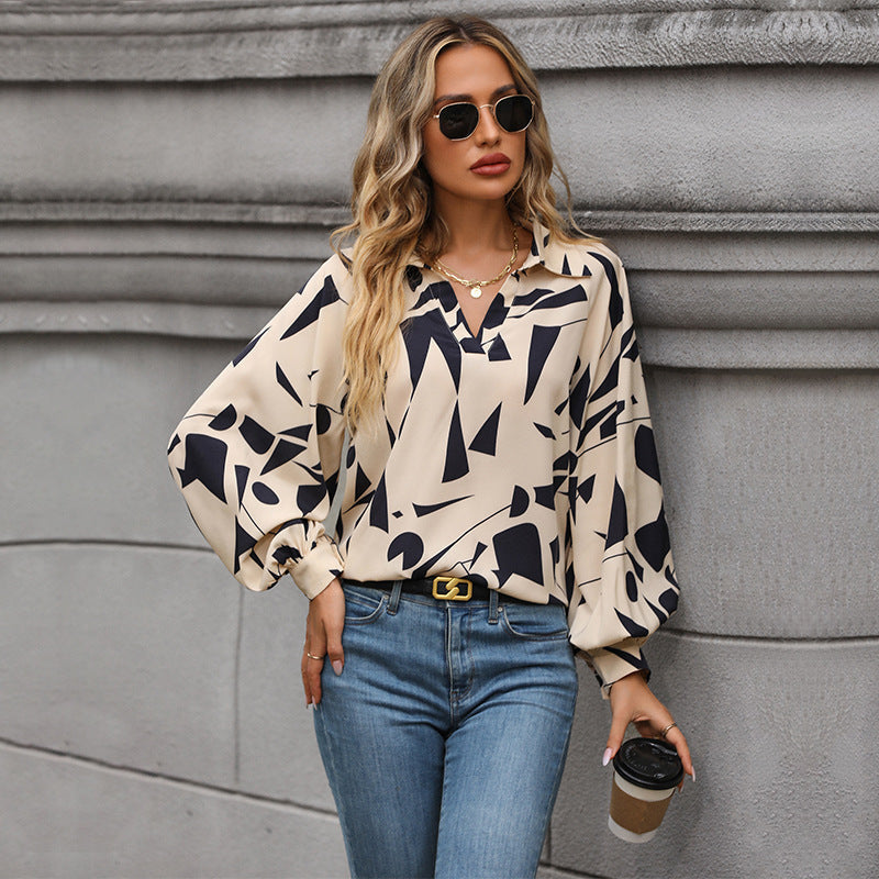 Women's Blouse with Elegant Geometric Design and Puff Sleeves