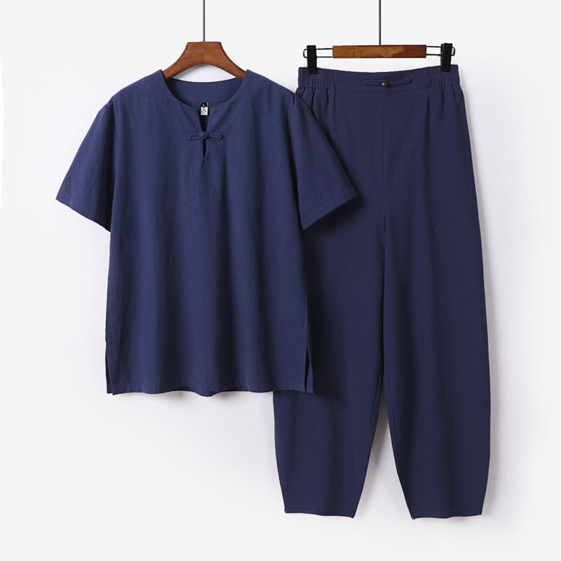 Men's Two-Piece Set with Short Sleeve Stand Collar Shirt and Elastic Harem Pants