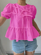 Women's Blouse with Puff Sleeves and Ruffle Design