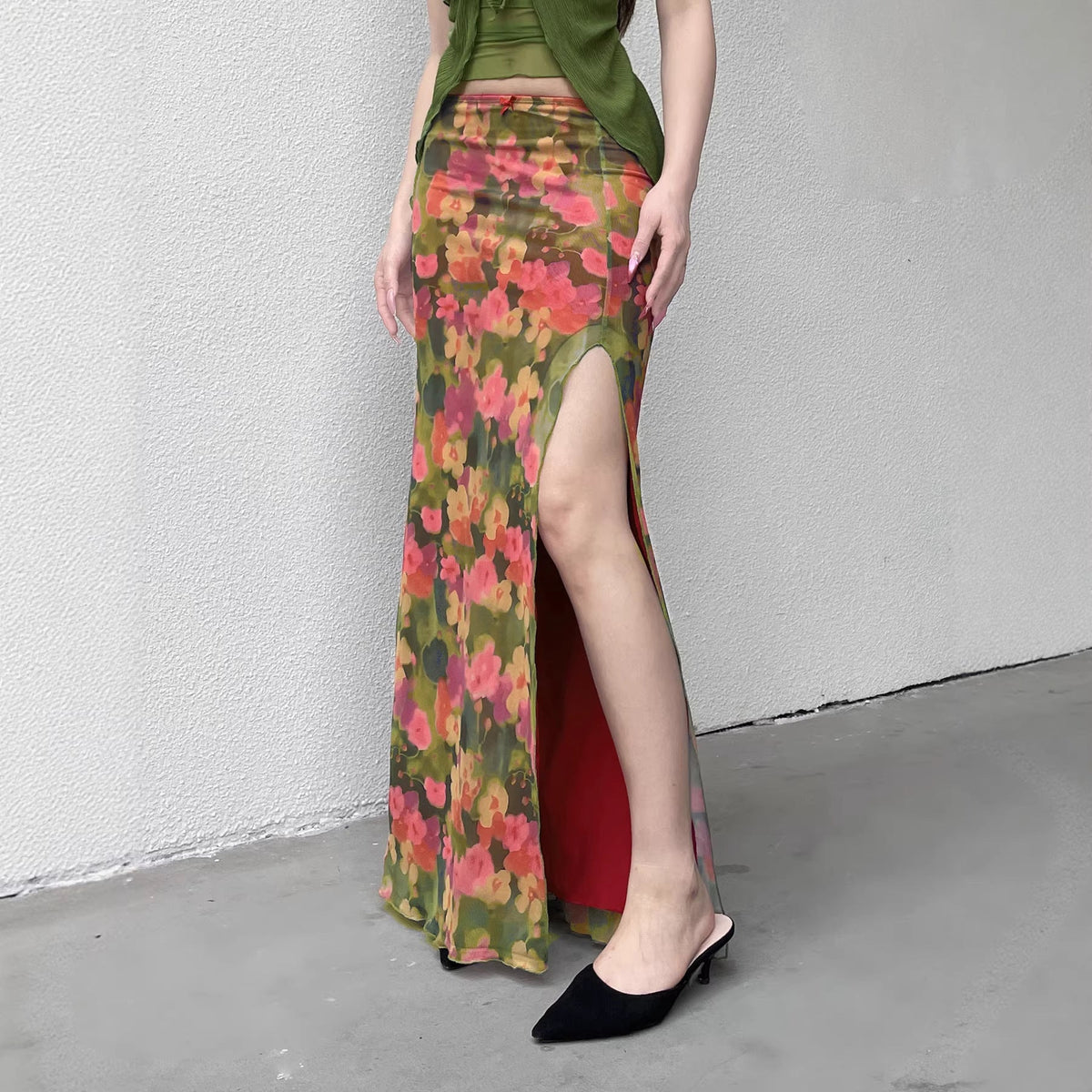 Women's Maxi Skirt with Floral Chiffon Design and Side Slit