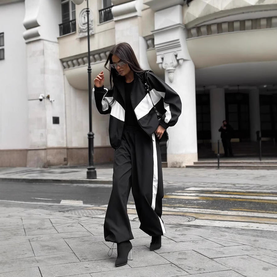 Women's Sporty Two-Piece Set with Track Jacket and Wide Pleated Pants