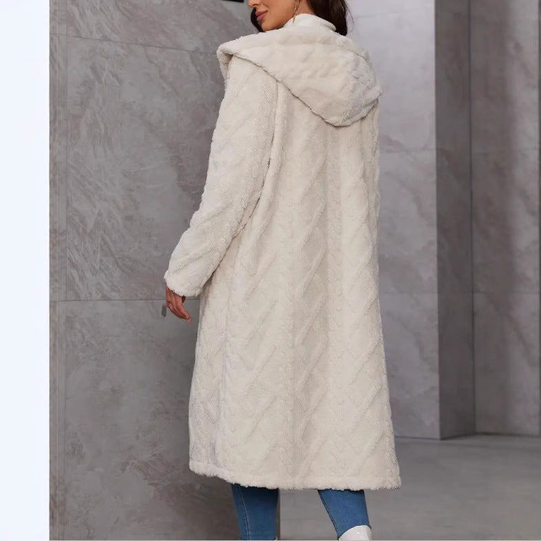 Women's Fluffy Coat with Hood and Button Closure