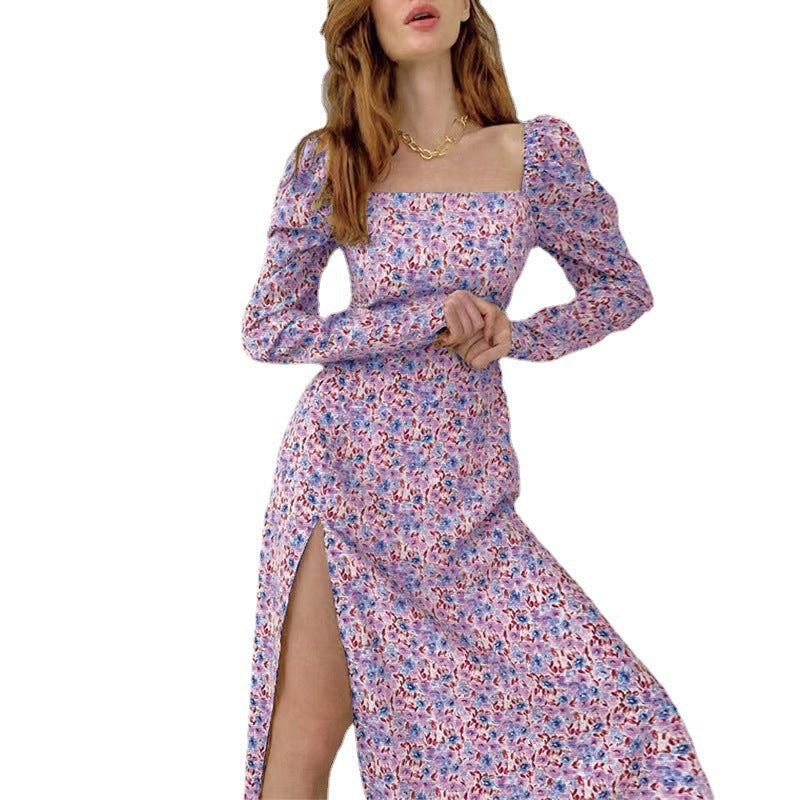 Women's Floral Maxi Dress with Asymmetric Slit and Puff Sleeves