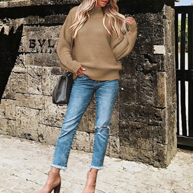Women's Chunky Knit Sweater with High Collar and Balloon Sleeves